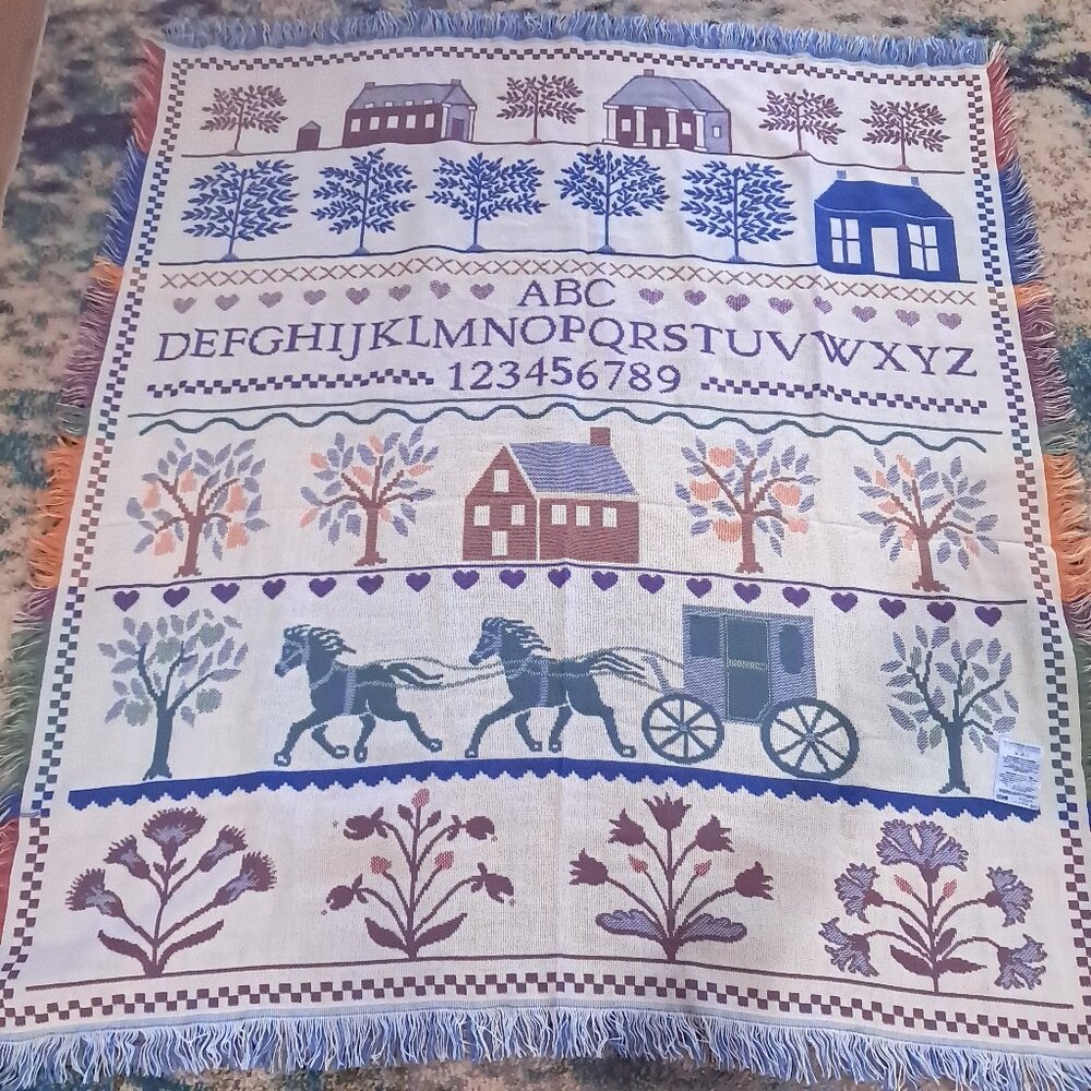 Mohawk Home tapestry throw blanket Amish country fringe pastel Made USA acrylic